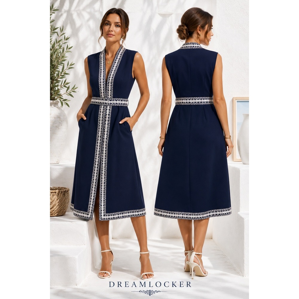 VTG 70s Act III Navy Embroidered Belted Midi‎ Dress ILGWU USA Resort Coastal 10